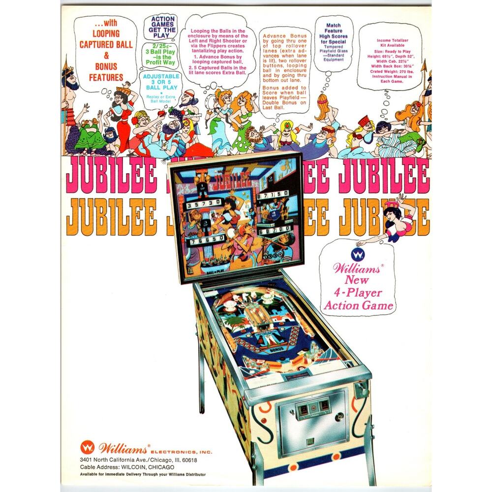 Jubilee Pinball FLYER Original 1973 Retro Game Artwork 8.5" x 11 Mod Groovy